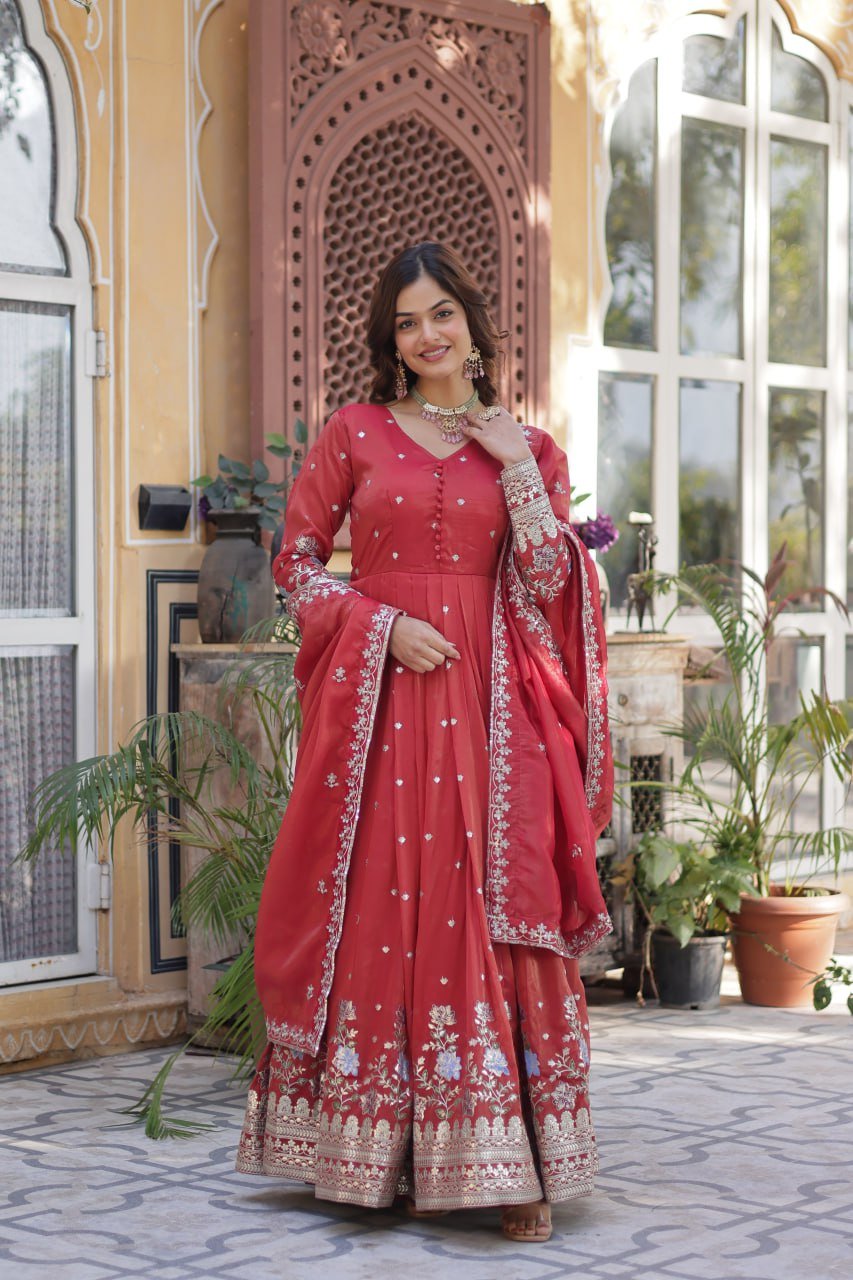 Women's Festive Rust Red Anarkali Gown with Intricate Silver Zari & Sequin Embroidery β Complete with Embroidered Dupatta - Image 2